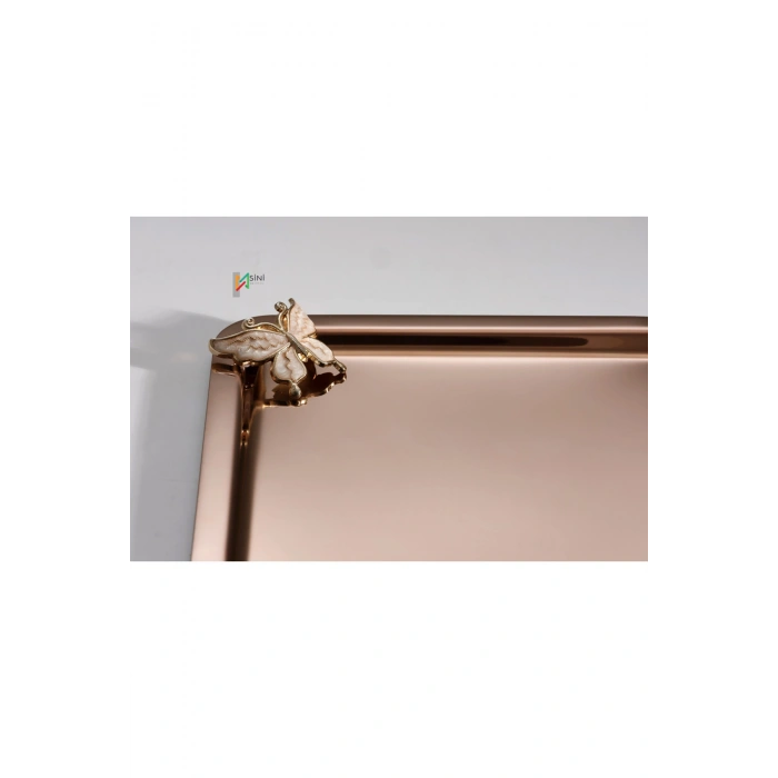 Rose Kelebek Aksesuarlı Paslanmaz Çelik 6 Adet Kare Lüx Rose Kahve, Çay Sunum Servis Tepsisi