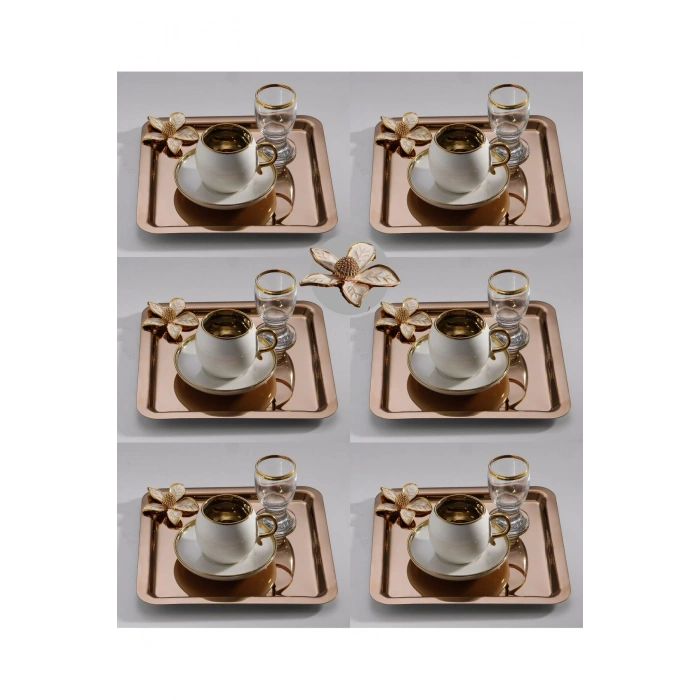 Papatyalı Paslanmaz Çelik 6 Adet Kare Lüx Rose Kahve, Çay Sunum Servis Tepsisi