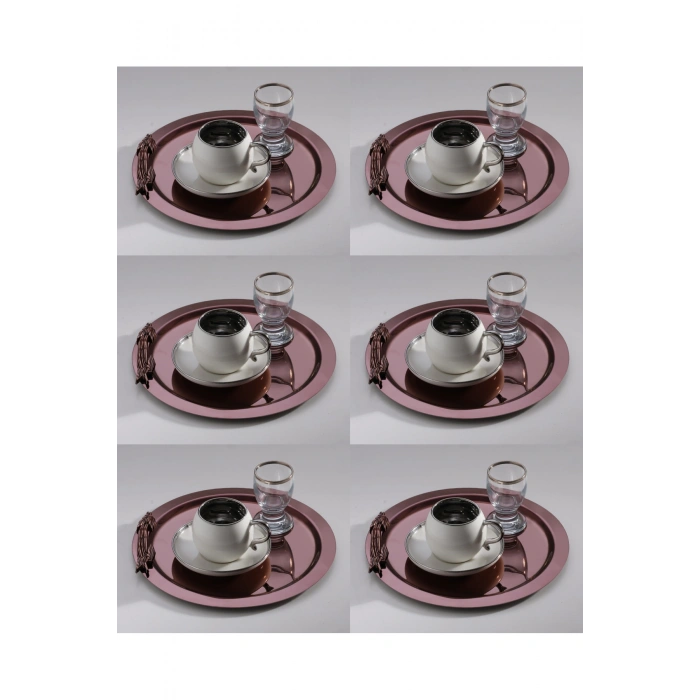 6 Adet Paslanmaz Çelik Yuvarlak Dal Figürlü Bakır Renk Kahve Sunum Tepsisi