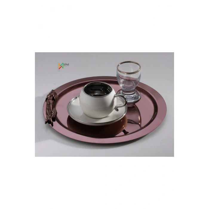 6 Adet Paslanmaz Çelik Yuvarlak Dal Figürlü Bakır Renk Kahve Sunum Tepsisi