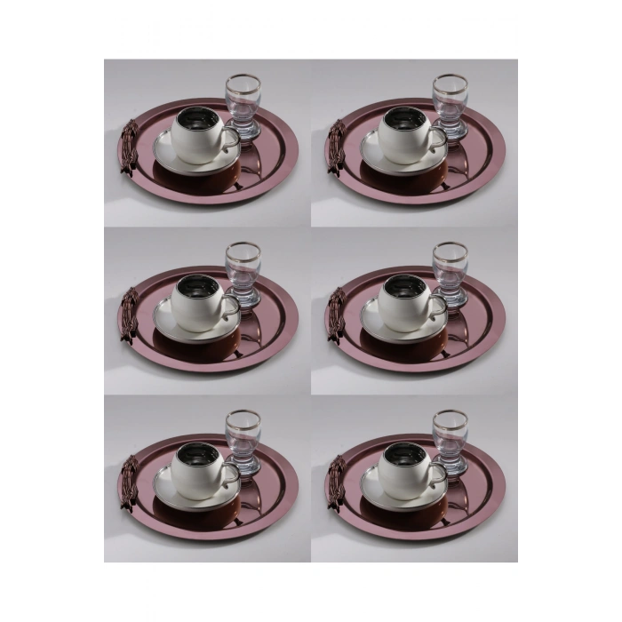 6 Adet Paslanmaz Çelik Yuvarlak Dal Figürlü Bakır Renk Kahve Sunum Tepsisi