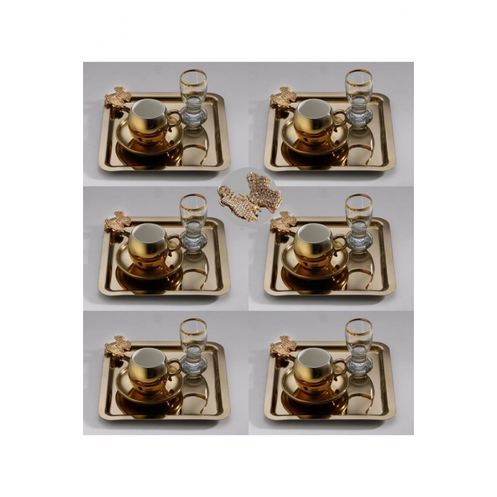 Taşlı Kelebek Aksesuarlı Paslanmaz Çelik Kare 6’lı Gold Kahve, Çay, Dekoratif Sunum Servis Tepsi
