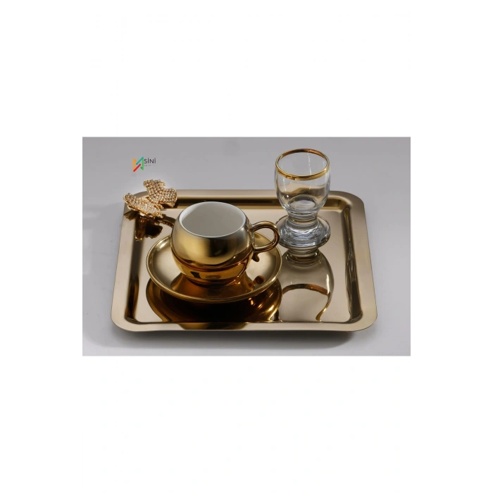 Taşlı Kelebek Aksesuarlı Paslanmaz Çelik Kare 6’lı Gold Kahve, Çay, Dekoratif Sunum Servis Tepsi