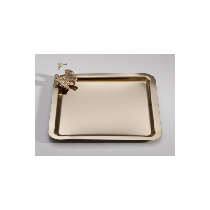 Taşlı Kelebek Aksesuarlı Paslanmaz Çelik Kare 6’lı Gold Kahve, Çay, Dekoratif Sunum Servis Tepsi