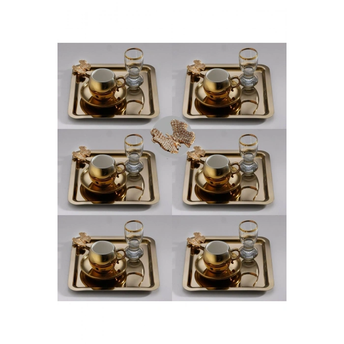 Taşlı Kelebek Aksesuarlı Paslanmaz Çelik Kare 6’lı Gold Kahve, Çay, Dekoratif Sunum Servis Tepsi