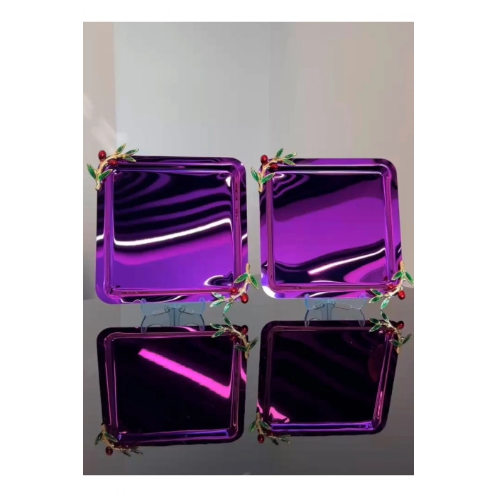 Zeytin Dalı Aksesuarlı Paslanmaz Çelik 2 Adet Kare Pembe Lüx Kahve,Çay Sunum Servis Tepsisi