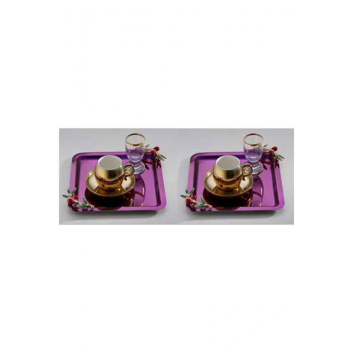 Zeytin Dalı Aksesuarlı Paslanmaz Çelik 2 Adet Kare Pembe Lüx Kahve,Çay Sunum Servis Tepsisi