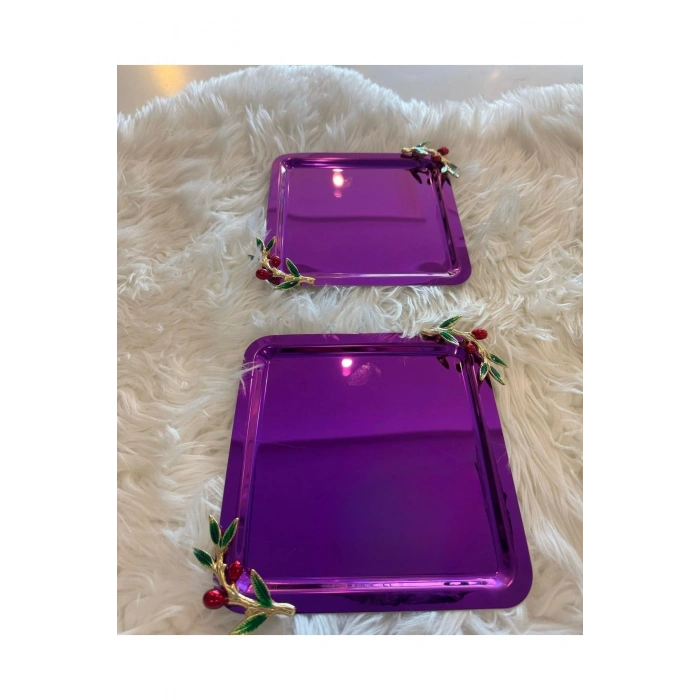 Zeytin Dalı Aksesuarlı Paslanmaz Çelik 2 Adet Kare Pembe Lüx Kahve,Çay Sunum Servis Tepsisi