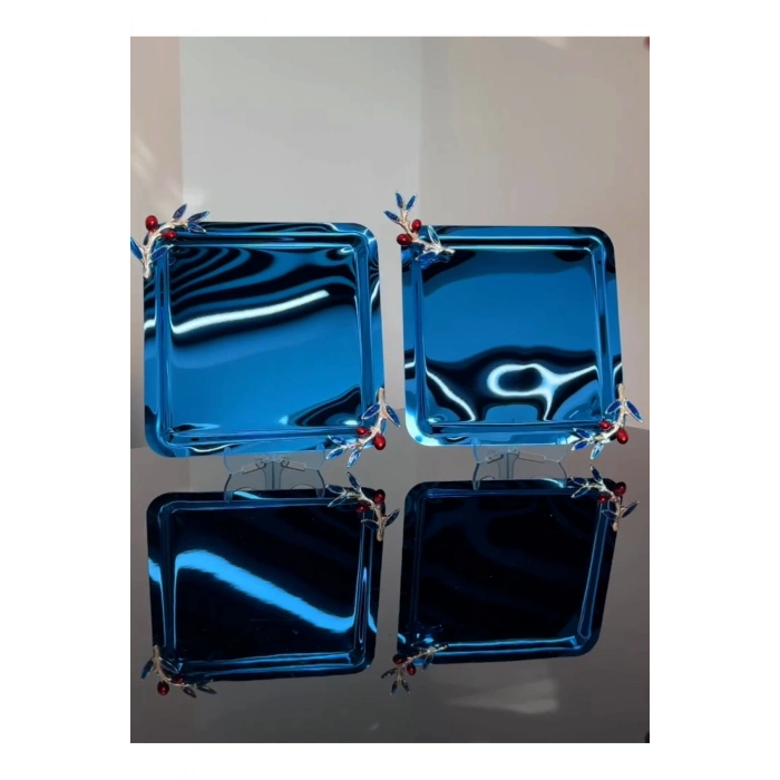 Zeytin Dalı Aksesuarlı Paslanmaz Çelik 2 Adet Kare Lüx Mavi, Kahve , Çay Sunum Servis Tepsisi