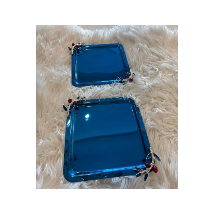 Zeytin Dalı Aksesuarlı Paslanmaz Çelik 2 Adet Kare Lüx Mavi, Kahve , Çay Sunum Servis Tepsisi