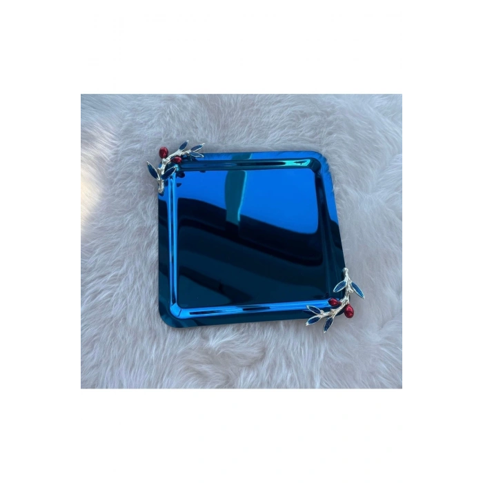 Zeytin Dalı Aksesuarlı Paslanmaz Çelik 2 Adet Kare Lüx Mavi, Kahve , Çay Sunum Servis Tepsisi