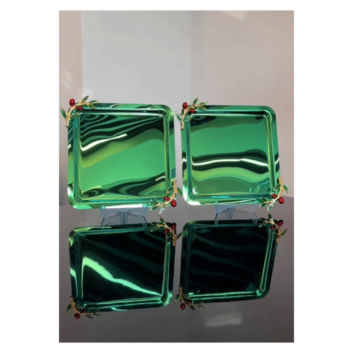 Zeytin Dalı Aksesuarlı Paslanmaz Çelik 2 Adet Kare Lüx Yeşil Kahve, Çay Sunum Servis Tepsisi