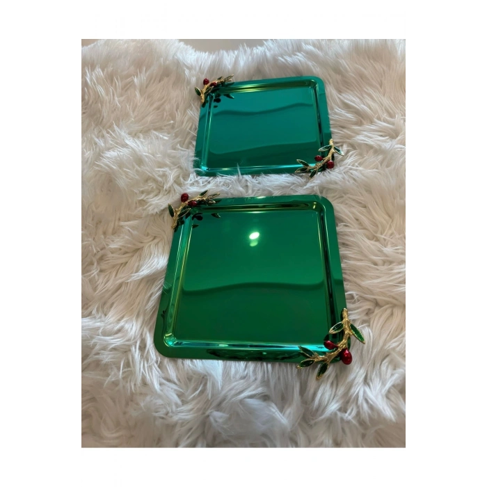 Zeytin Dalı Aksesuarlı Paslanmaz Çelik 2 Adet Kare Lüx Yeşil Kahve, Çay Sunum Servis Tepsisi