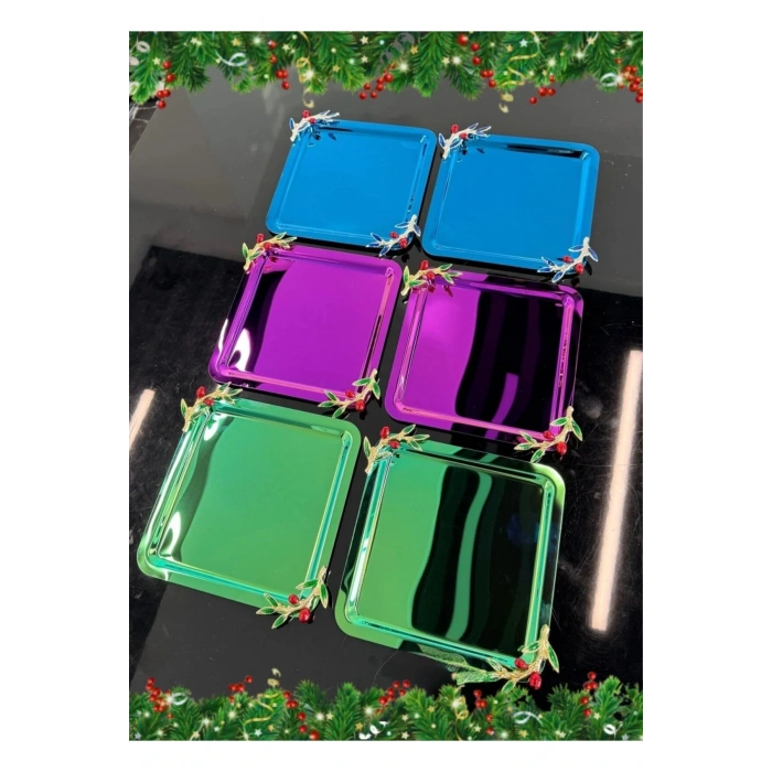 Zeytin Dal Aksesuarlı Paslanmaz Çelik 6 Adet Kare Lüx Renkli Kahve, Çay Sunum Servis Tepsisi