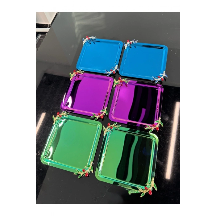 Zeytin Dal Aksesuarlı Paslanmaz Çelik 6 Adet Kare Lüx Renkli Kahve, Çay Sunum Servis Tepsisi