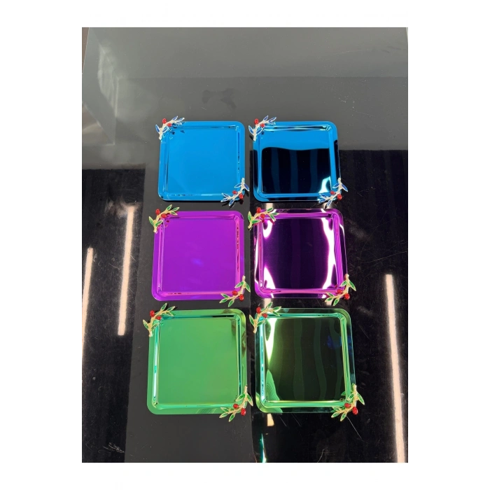 Zeytin Dal Aksesuarlı Paslanmaz Çelik 6 Adet Kare Lüx Renkli Kahve, Çay Sunum Servis Tepsisi