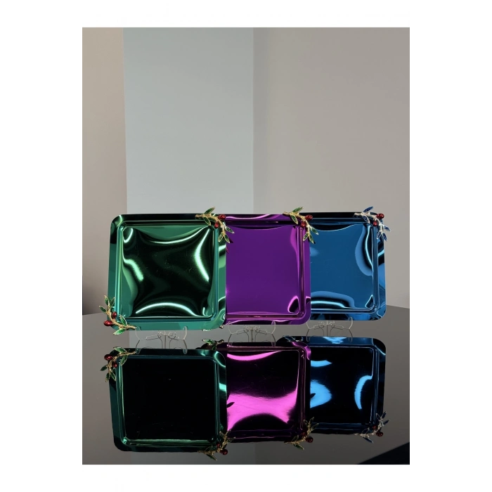 Zeytin Dal Aksesuarlı Paslanmaz Çelik 6 Adet Kare Lüx Renkli Kahve, Çay Sunum Servis Tepsisi