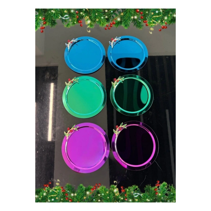 Zeytin Dalı Aksesuarlı Paslanmaz Çelik 6 Adet Yuvarlak Lüx Renkli Kahve, Çay Sunum Servis Tepsisi