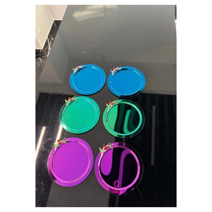 Zeytin Dalı Aksesuarlı Paslanmaz Çelik 6 Adet Yuvarlak Lüx Renkli Kahve, Çay Sunum Servis Tepsisi