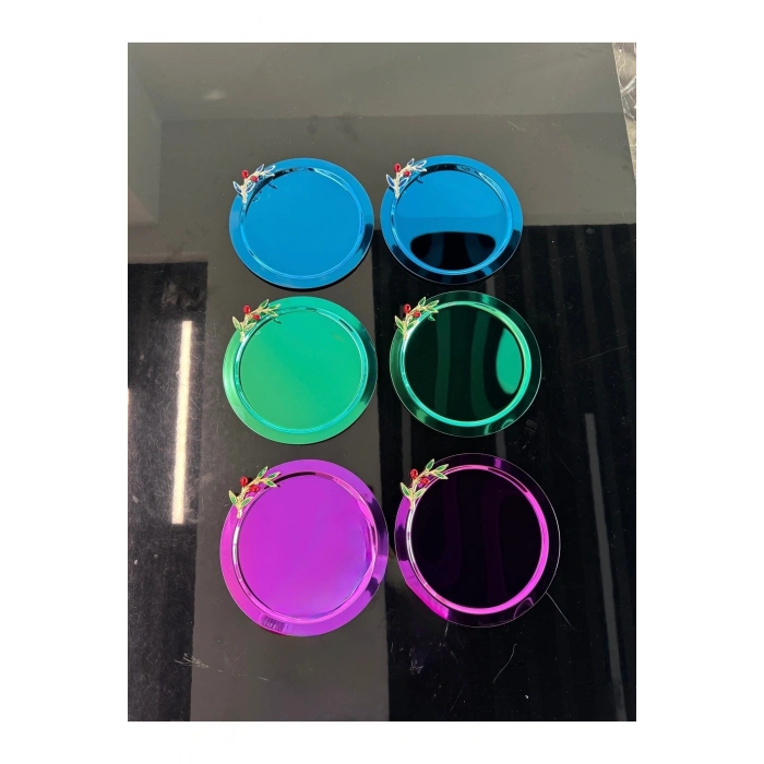 Zeytin Dalı Aksesuarlı Paslanmaz Çelik 6 Adet Yuvarlak Lüx Renkli Kahve, Çay Sunum Servis Tepsisi