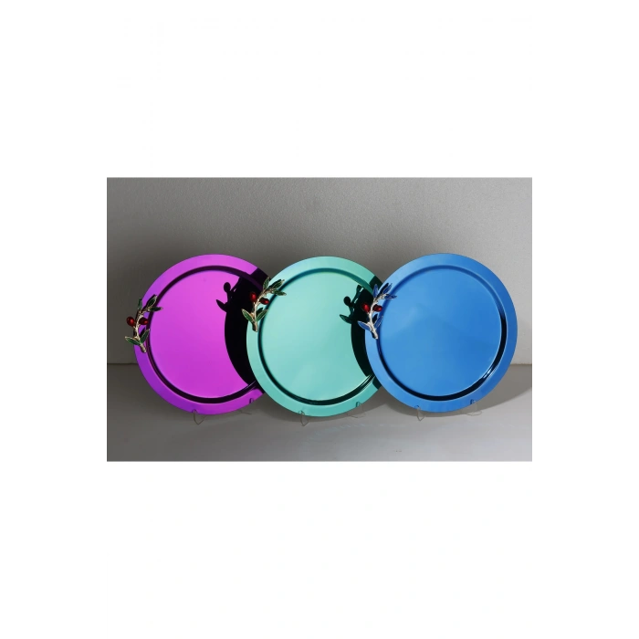 Zeytin Dalı Aksesuarlı Paslanmaz Çelik 6 Adet Yuvarlak Lüx Renkli Kahve, Çay Sunum Servis Tepsisi