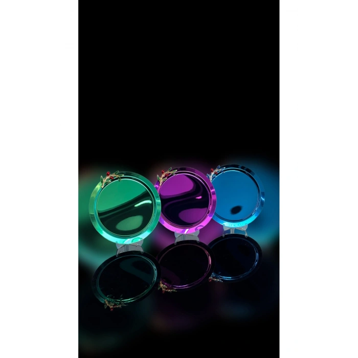 Zeytin Dalı Aksesuarlı Paslanmaz Çelik 6 Adet Yuvarlak Lüx Renkli Kahve, Çay Sunum Servis Tepsisi