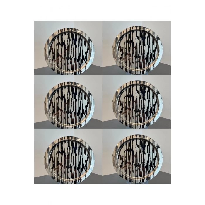 Paslanmaz Çelik 6 Adet Yuvarlak Lüx Desenli Siyah AD-20 Kahve, Çay Sunum Servis Tepsisi