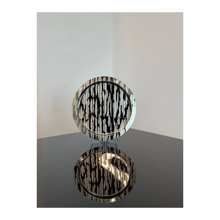 Paslanmaz Çelik 6 Adet Yuvarlak Lüx Desenli Siyah AD-20 Kahve, Çay Sunum Servis Tepsisi