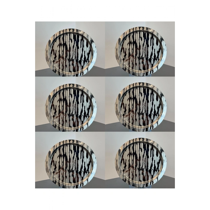 Paslanmaz Çelik 6 Adet Yuvarlak Lüx Desenli Siyah AD-20 Kahve, Çay Sunum Servis Tepsisi