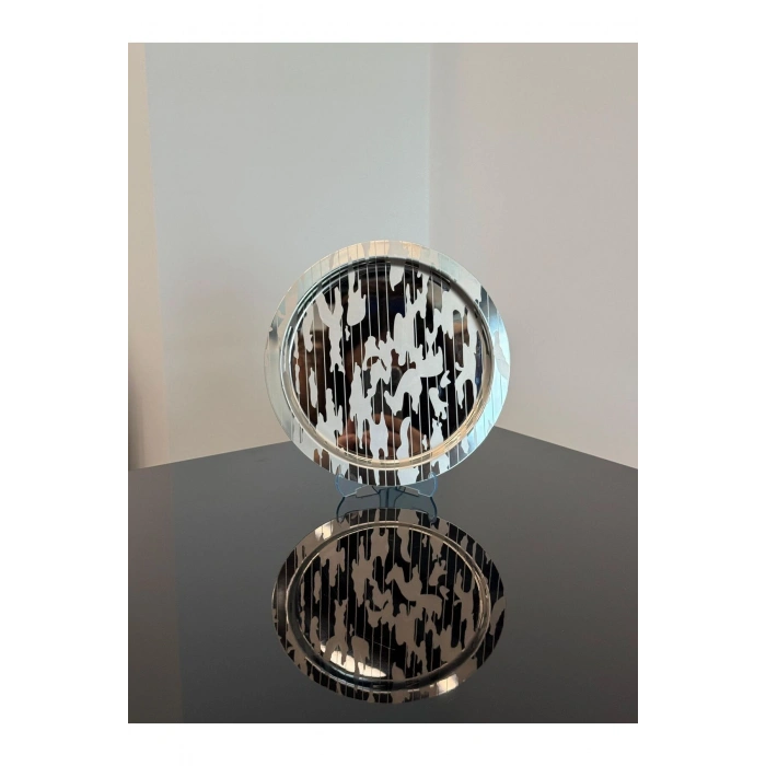 Paslanmaz Çelik 6 Adet Yuvarlak Lüx Desenli Gümüş AD-20 Kahve, Çay Sunum Servis Tepsisi