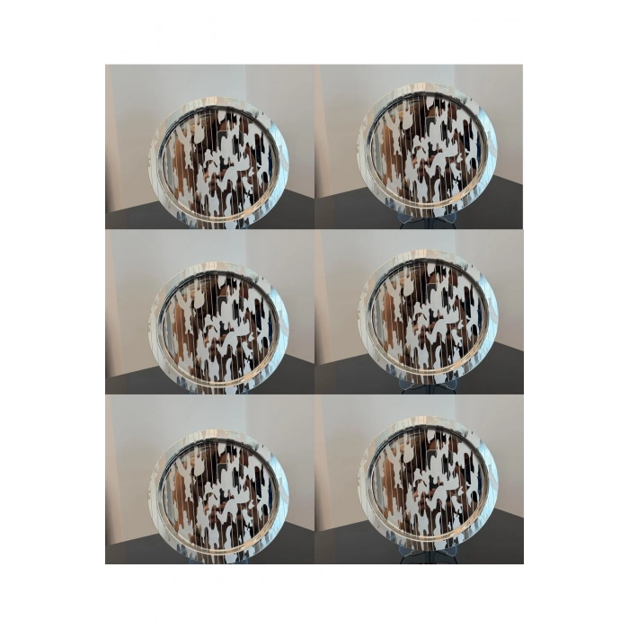 Paslanmaz Çelik 6 Adet Yuvarlak Lüx Desenli Gümüş AD-20 Kahve, Çay Sunum Servis Tepsisi