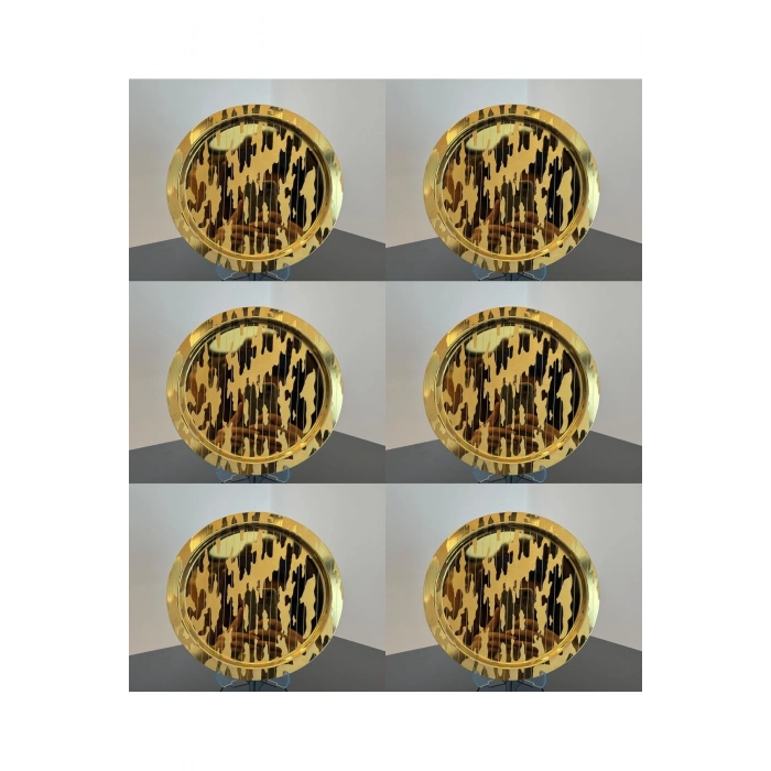 Paslanmaz Çelik 6 Adet Yuvarlak Lüx Desenli Gold AD-20 Kahve, Çay Sunum Servis Tepsisi