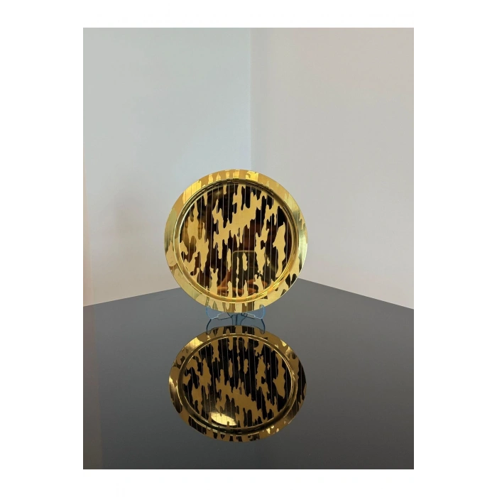 Paslanmaz Çelik 6 Adet Yuvarlak Lüx Desenli Gold AD-20 Kahve, Çay Sunum Servis Tepsisi