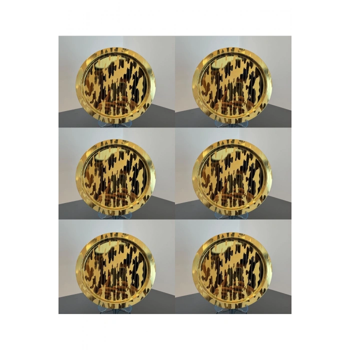 Paslanmaz Çelik 6 Adet Yuvarlak Lüx Desenli Gold AD-20 Kahve, Çay Sunum Servis Tepsisi