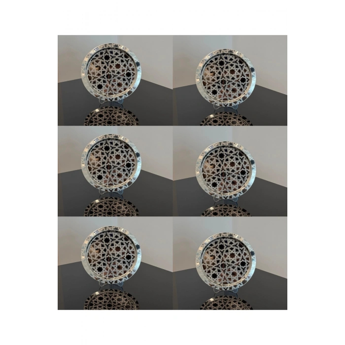 Paslanmaz Çelik 6 Adet Yuvarlak Lüx Desenli Gümüş Ad-26 Kahve, Çay Sunum Servis Tepsisi