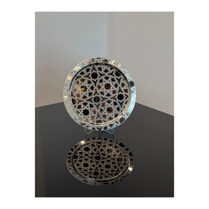 Paslanmaz Çelik 6 Adet Yuvarlak Lüx Desenli Gümüş Ad-26 Kahve, Çay Sunum Servis Tepsisi