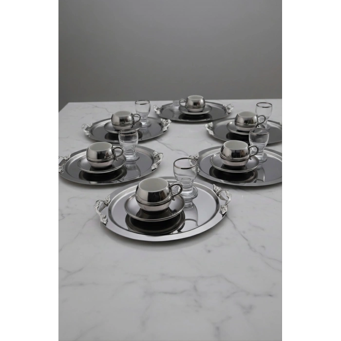 Kulp Aksesuarlı Paslanmaz Çelik 6 Adet Yuvarlak Gümüş Sunum Servis Tepsisi