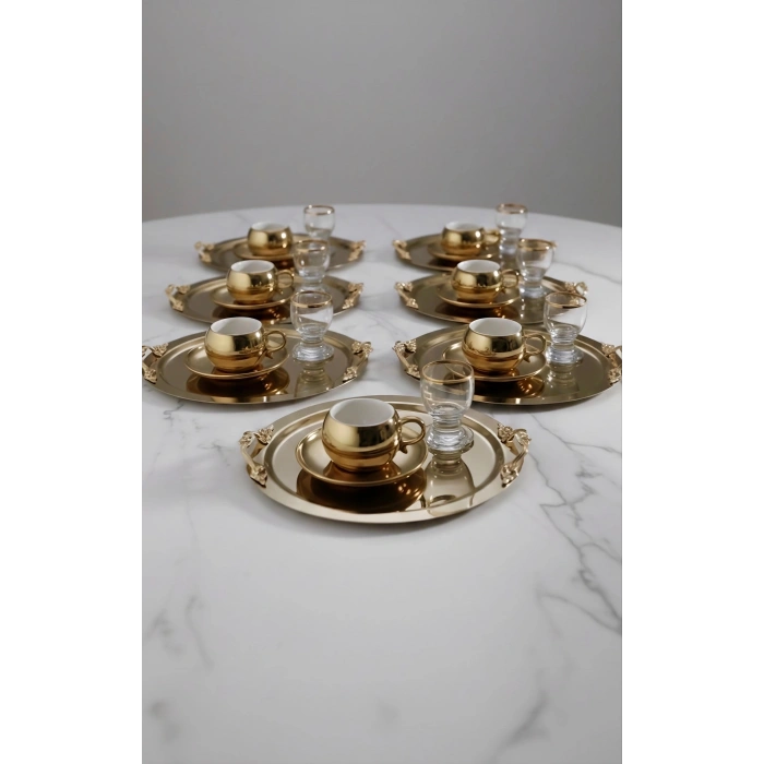 Kulp Aksesuarlı Paslanmaz Çelik 6 Adet Yuvarlak Gold Sunum Servis Tepsisi