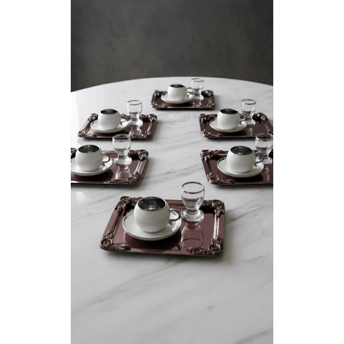 Köşe Tekli Gül Aksesuarlı Paslanmaz Çelik 6 Adet Kare Bakır Sunum Servis Tepsisi