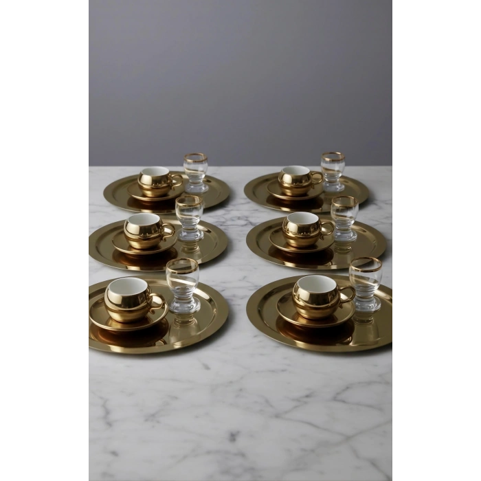 Paslanmaz Çelik 6 Adet Yuvarlak Gold Sunum Servis Tepsisi