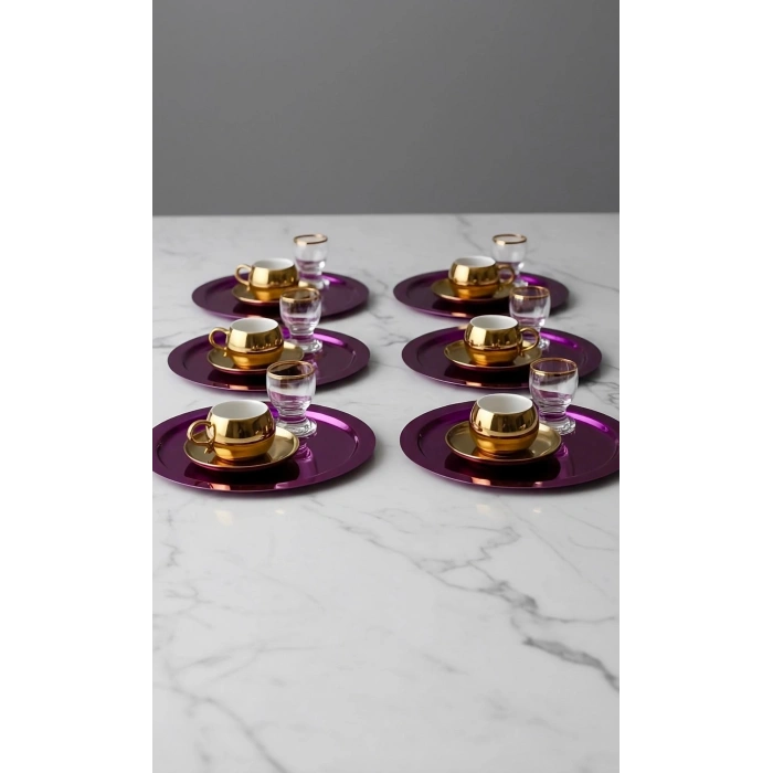 Paslanmaz Çelik 6 Adet Yuvarlak Pembe Sunum Servis Tepsisi