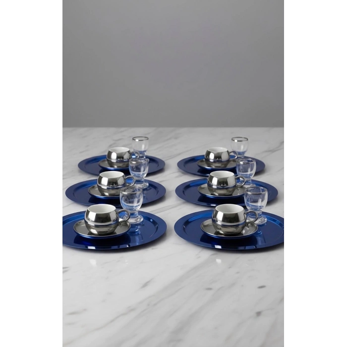 Paslanmaz Çelik 6 Adet Yuvarlak Mavi Sunum Servis Tepsisi