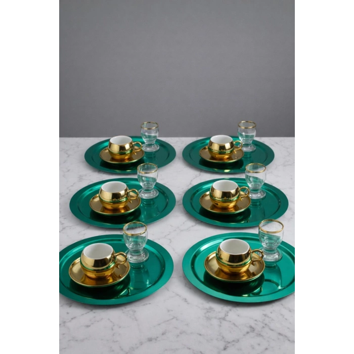 Paslanmaz Çelik 6 Adet Yuvarlak Yeşil Sunum Servis Tepsisi