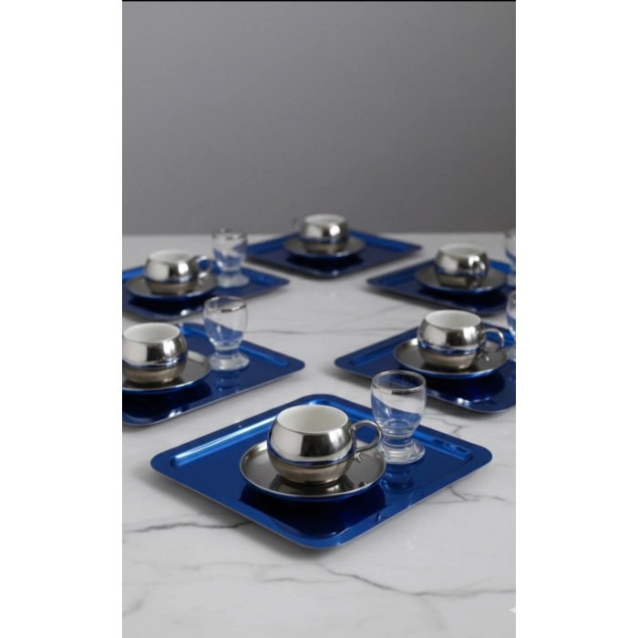 Paslanmaz Çelik 6 Adet Kare Mavi Sunum Servis Tepsisi