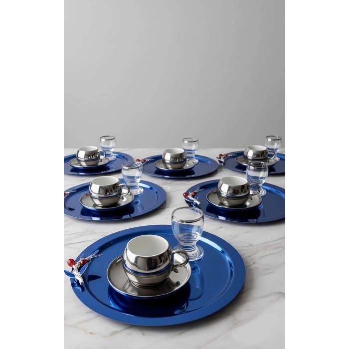 Zeytin Dalı Aksesuarlı Paslanmaz Çelik 6 Adet Yuvarlak Mavi Sunum Servis Tepsisi