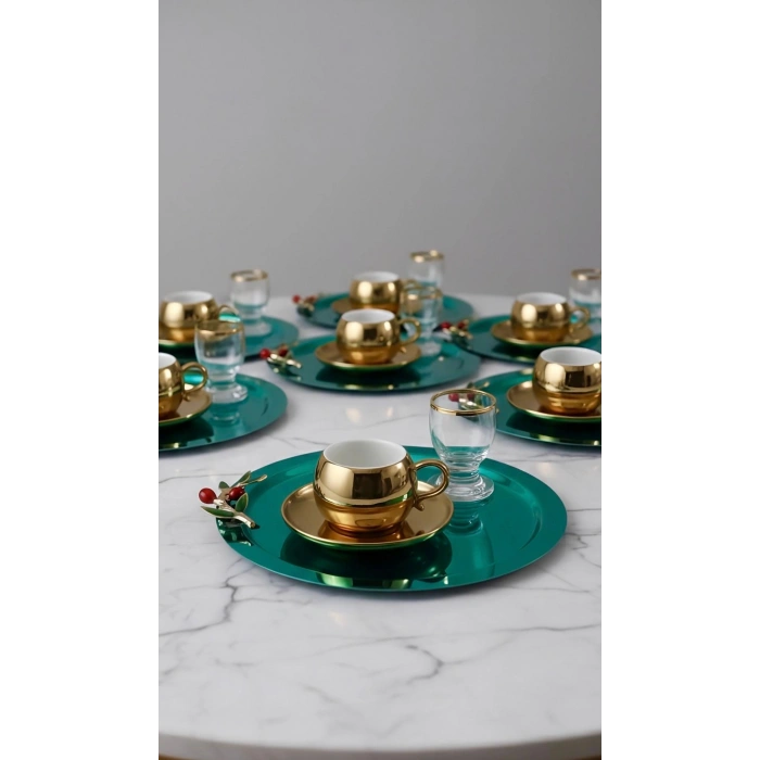 Zeytin Dalı Aksesuarlı Paslanmaz Çelik 6 Adet Yuvarlak Yeşil Sunum Servis Tepsisi