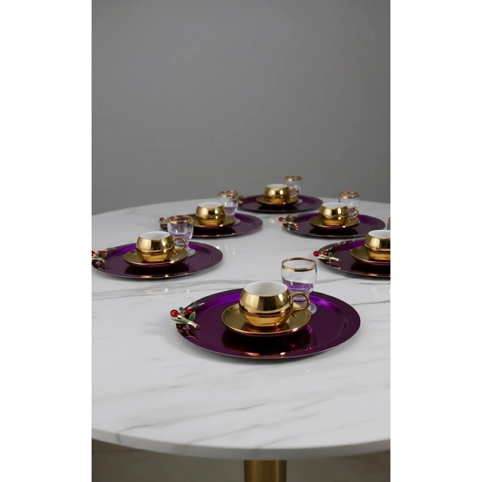 Zeytin Dalı Aksesuarlı Paslanmaz Çelik 6 Adet Yuvarlak Pembe Sunum Servis Tepsisi