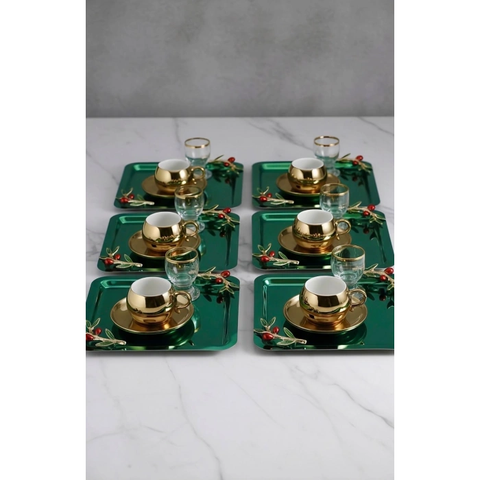 Zeytin Dalı Aksesuarlı Paslanmaz Çelik 6 Adet Kare Yeşil Sunum Servis Tepsisi