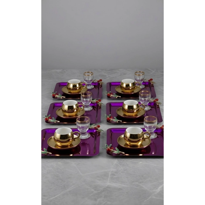 Zeytin Dalı Aksesuarlı Paslanmaz Çelik 6 Adet Kare Pembe Sunum Servis Tepsisi