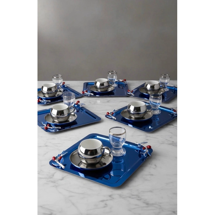 Zeytin Dalı Aksesuarlı Paslanmaz Çelik 6 Adet Kare Mavi Sunum Servis Tepsisi